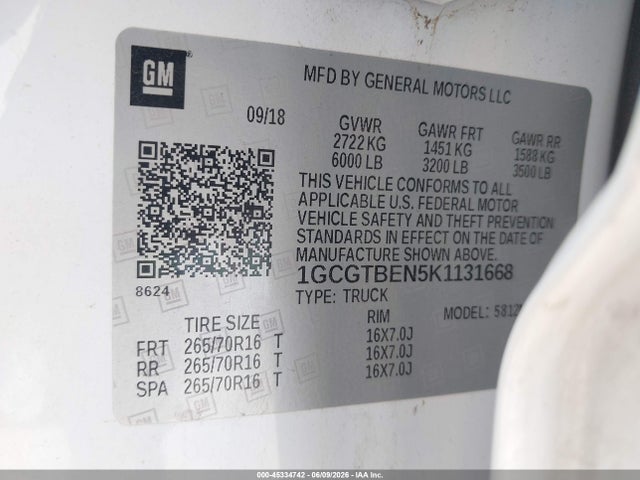 2019 Chevrolet Colorado Wt მანქანა იყიდება აუქციონზე, vin: 1GCGTBEN5K1131668, აუქციონის ნომერი: 45334742