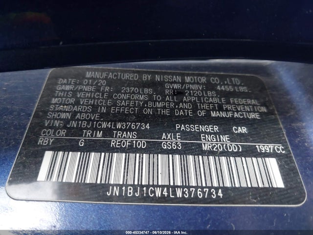 JN1BJ1CW4LW376734 Nissan Rogue Sport S Awd Xtronic Cvt