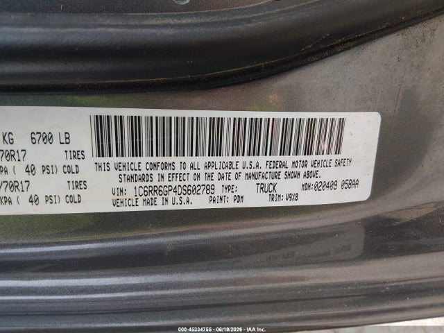 45334755 :رقم المزاد ، 1C6RR6GP4DS602789 vin ، 2013 Ram 1500 Slt مزاد بيع