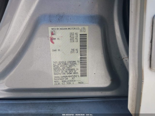 2013 Nissan Altima 2.5 Sv მანქანა იყიდება აუქციონზე, vin: 1N4AL3APXDN445921, აუქციონის ნომერი: 45334763