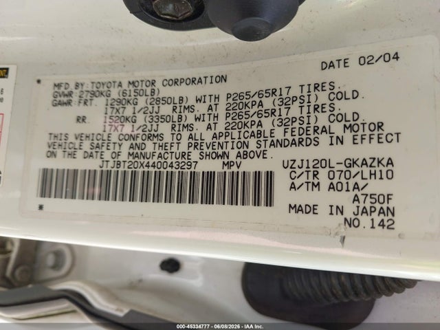 Продажа на аукционе авто 2004 Lexus Gx 470, vin: JTJBT20X440043297, номер лота: 45334777