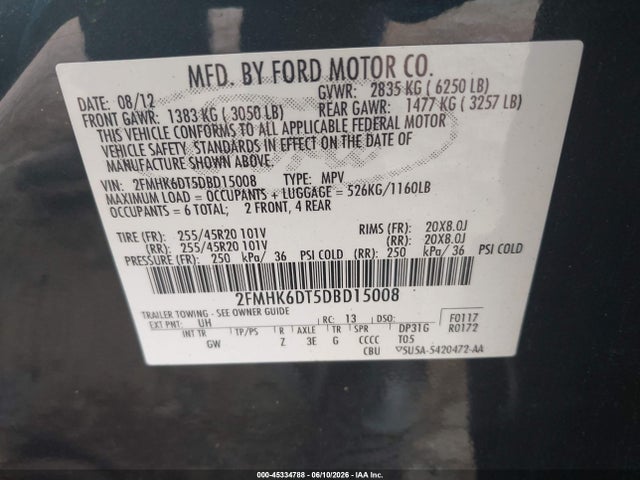 45334788 :رقم المزاد ، 2FMHK6DT5DBD15008 vin ، 2013 Ford Flex Limited مزاد بيع