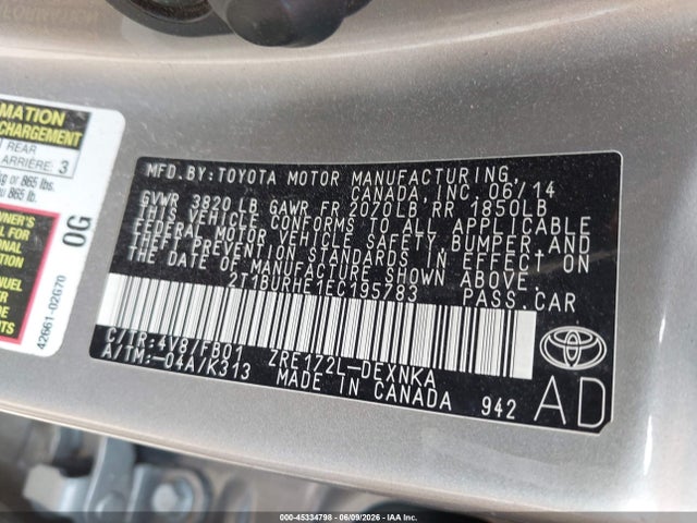 Aukcja sprzedaży 2014 Toyota Corolla Le, vin: 2T1BURHE1EC195783, numer aukcji: 45334798
