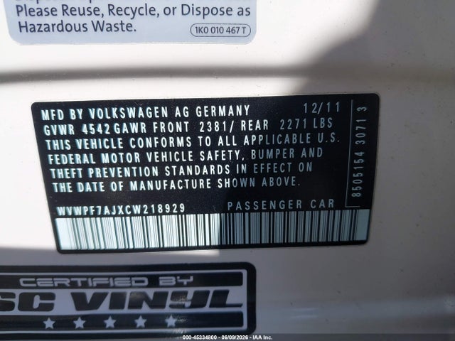 45334800 :رقم المزاد ، WVWPF7AJXCW218929 vin ، 2012 Volkswagen Golf R 4-door مزاد بيع