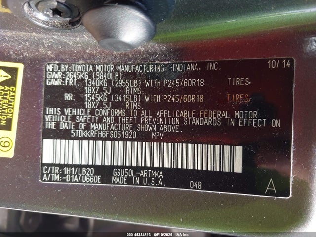 Toyota Highlander Xle V6 2015 5TDKKRFH6FS051920 Image 9