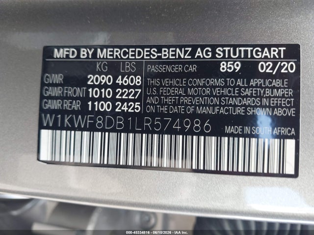 Aukcja sprzedaży 2020 Mercedes-benz C 300, vin: W1KWF8DB1LR574986, numer aukcji: 45334816