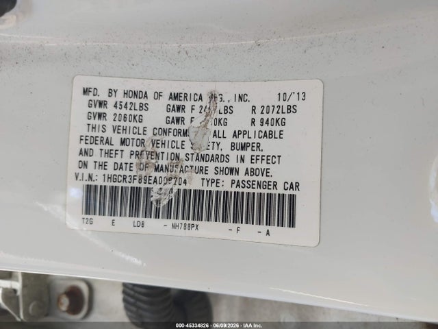 45334826 :رقم المزاد ، 1HGCR3F89EA009204 vin ، 2014 Honda Accord Ex-l V-6 مزاد بيع