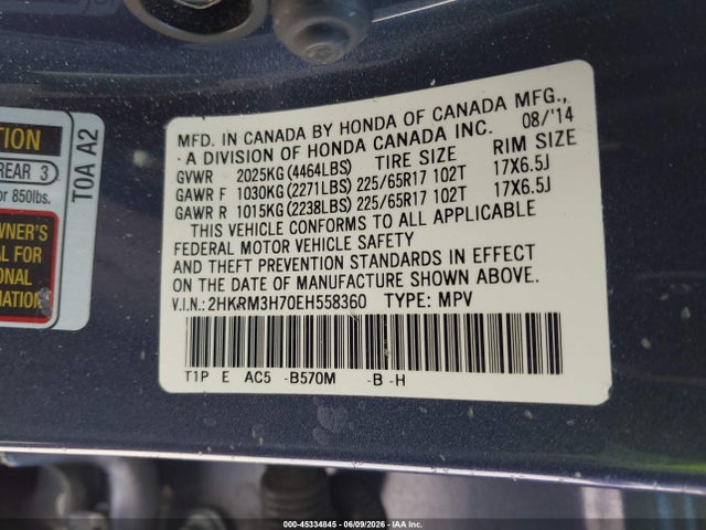 45334845 :رقم المزاد ، 2HKRM3H70EH558360 vin ، 2014 Honda Cr-v Ex-l مزاد بيع
