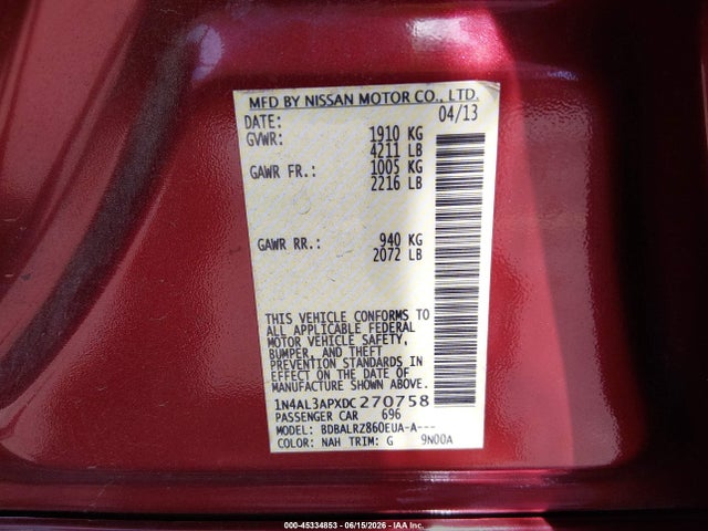 45334853 :رقم المزاد ، 1N4AL3APXDC270758 vin ، 2013 Nissan Altima 2.5 S مزاد بيع