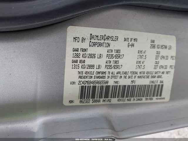 Auction sale of the 2005 Chrysler Pacifica Touring, vin: 2C4GM68485R665500, lot number: 45334856
