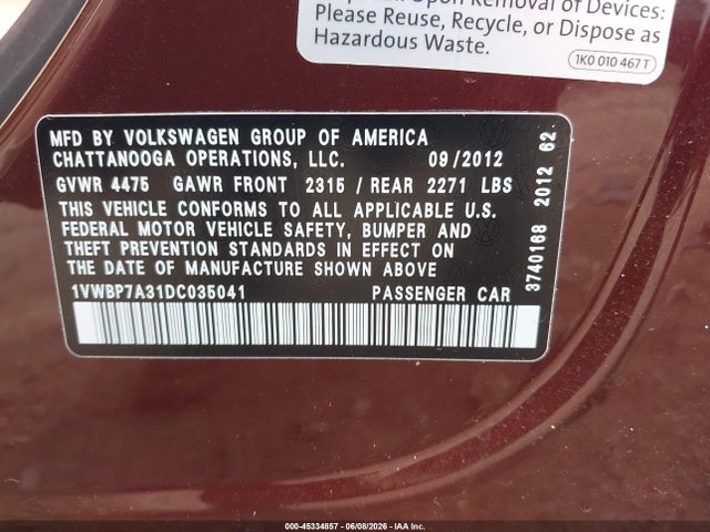2013 Volkswagen Passat 2.5l Se მანქანა იყიდება აუქციონზე, vin: 1VWBP7A31DC035041, აუქციონის ნომერი: 45334857