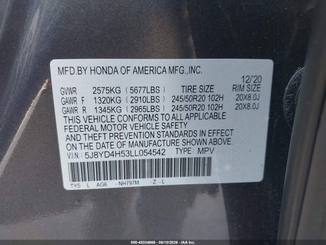 45334866 :رقم المزاد ، 5J8YD4H53LL054542 vin ، 2020 Acura Mdx Technology Package مزاد بيع