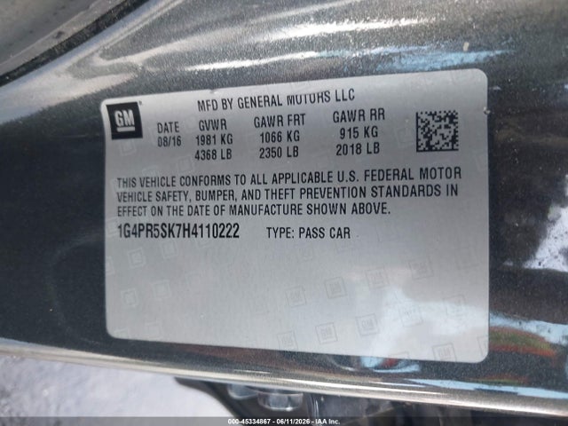 2017 Buick Verano Sport Touring მანქანა იყიდება აუქციონზე, vin: 1G4PR5SK7H4110222, აუქციონის ნომერი: 45334867