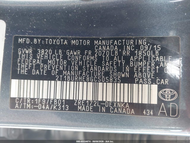 Aukcja sprzedaży 2016 Toyota Corolla Le, vin: 2T1BURHE8GC505835, numer aukcji: 45334874