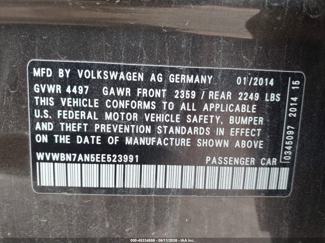 2014 Volkswagen Cc 2.0t Sport მანქანა იყიდება აუქციონზე, vin: WVWBN7AN5EE523991, აუქციონის ნომერი: 45334885