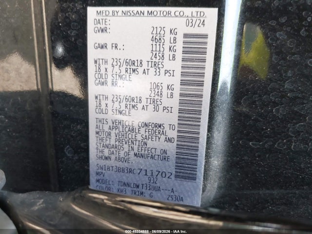 45334888 :رقم المزاد ، 5N1BT3BB3RC711702 vin ، 2024 Nissan Rogue Sv Intelligent Awd مزاد بيع