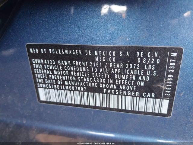 2020 Volkswagen Jetta 1.4t R-line/1.4t S/1.4t Se მანქანა იყიდება აუქციონზე, vin: 3VWC57BU1LM087607, აუქციონის ნომერი: 45334890