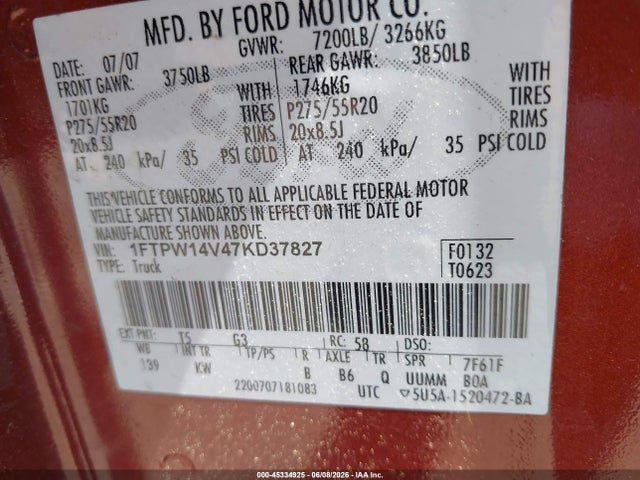 2007 Ford F-150 Fx4/lariat/xlt მანქანა იყიდება აუქციონზე, vin: 1FTPW14V47KD37827, აუქციონის ნომერი: 45334925