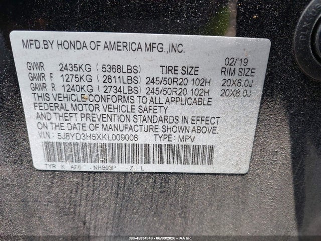 45334948 :رقم المزاد ، 5J8YD3H5XKL009008 vin ، 2019 Acura Mdx Tech Pkg مزاد بيع