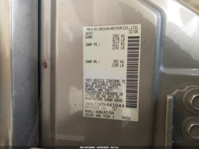 2009 Nissan Altima 2.5 S მანქანა იყიდება აუქციონზე, vin: 1N4AL21E89N445044, აუქციონის ნომერი: 45334965
