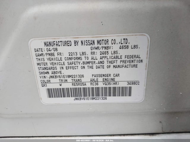 45335001 :رقم المزاد ، JNKBV61E18M221326 vin ، 2008 Infiniti G35 Journey مزاد بيع