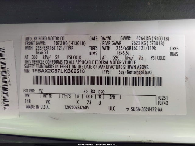 1FBAX2C87LKB02518 Ford Transit-350 Passenger Van Xl