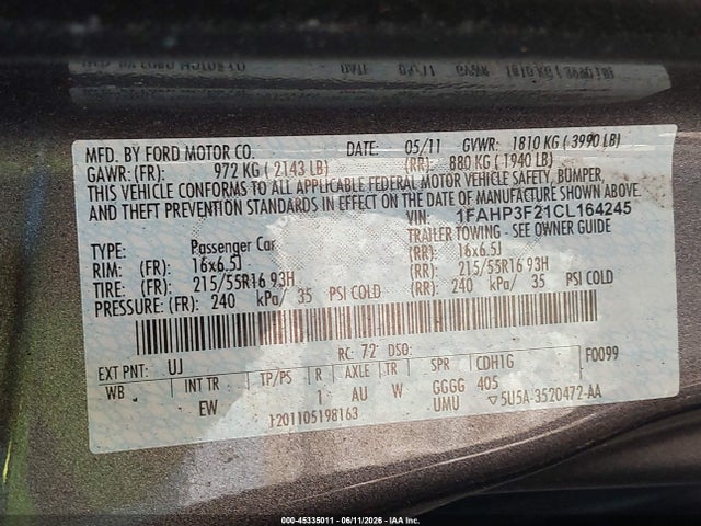 45335011 :رقم المزاد ، 1FAHP3F21CL164245 vin ، 2012 Ford Focus Se مزاد بيع