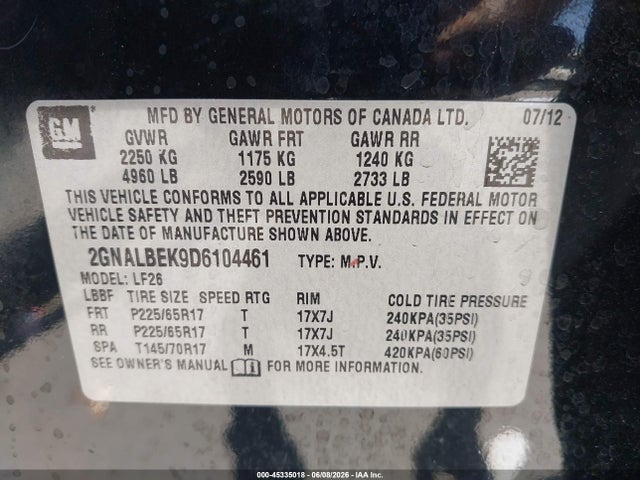 45335018 :رقم المزاد ، 2GNALBEK9D6104461 vin ، 2013 Chevrolet Equinox Ls مزاد بيع