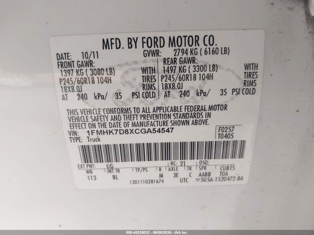 Aukcja sprzedaży 2012 Ford Explorer Xlt, vin: 1FMHK7D8XCGA54547, numer aukcji: 45335032