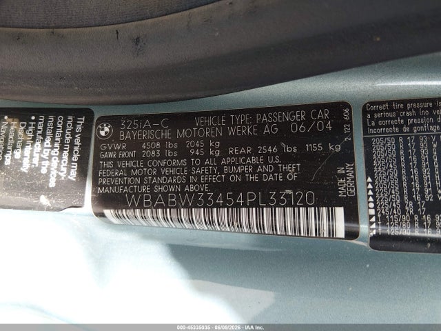 Продаж на аукціоні авто 2004 Bmw 325ci, vin: WBABW33454PL33120, номер лоту: 45335035