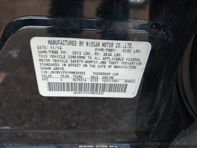2015 Infiniti Q70l 3.7x მანქანა იყიდება აუქციონზე, vin: JN1BY1PR1FM830552, აუქციონის ნომერი: 45335061
