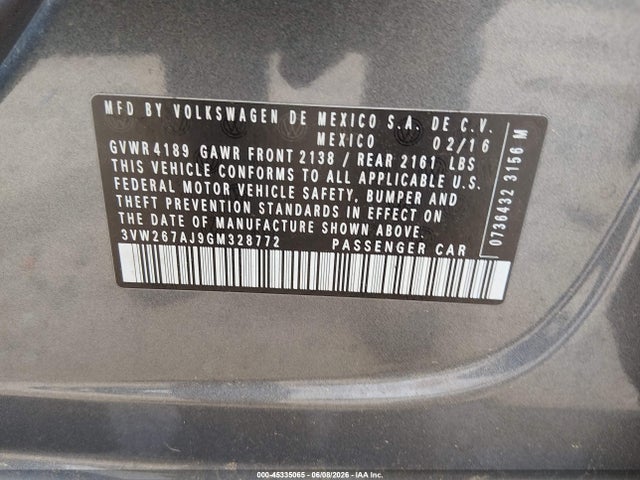 2016 Volkswagen Jetta 1.4t S მანქანა იყიდება აუქციონზე, vin: 3VW267AJ9GM328772, აუქციონის ნომერი: 45335065