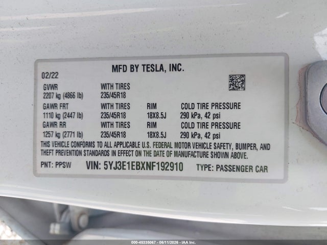 45335067 :رقم المزاد ، 5YJ3E1EBXNF192910 vin ، 2022 Tesla Model 3 Long Range Dual Motor All-wheel Drive مزاد بيع