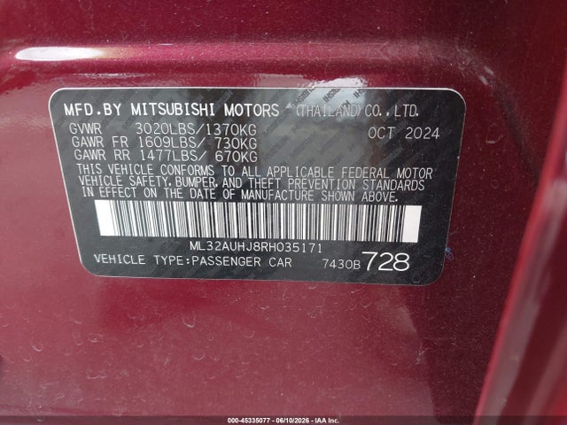 Продаж на аукціоні авто 2024 Mitsubishi Mirage Es/le, vin: ML32AUHJ8RH035171, номер лоту: 45335077
