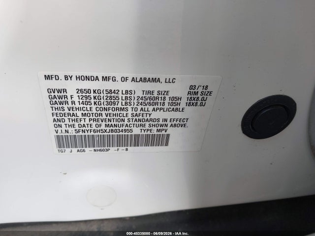 Honda Pilot Ex-l 2018 5FNYF6H5XJB034955 Image 9