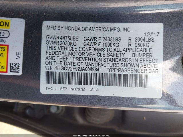1HGCV2F92JA004984 Honda Accord Touring 2.0t