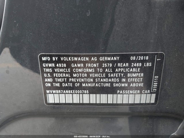2019 Volkswagen Arteon 2.0t Se მანქანა იყიდება აუქციონზე, vin: WVWBR7AN6KE000785, აუქციონის ნომერი: 45335090