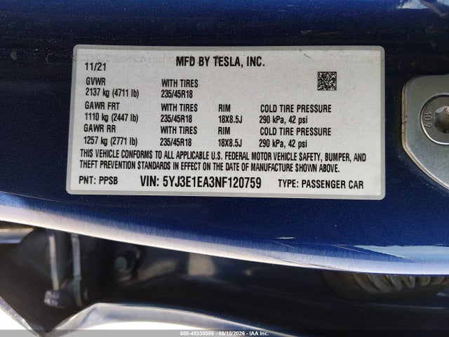 Tesla Model 3 Rear-wheel Drive 2022 5YJ3E1EA3NF120759 Image 9
