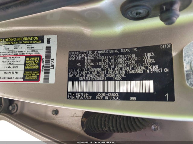 45335112 :رقم المزاد ، 5TFBT54197X004842 vin ، 2007 Toyota Tundra Sr5 4.7l V8 مزاد بيع