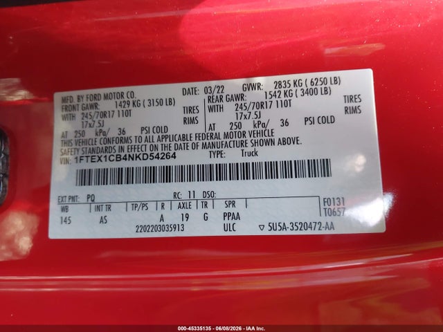 Aukcja sprzedaży 2022 Ford F-150 Xl, vin: 1FTEX1CB4NKD54264, numer aukcji: 45335135