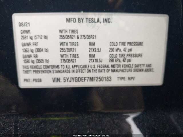 45335141 :رقم المزاد ، 5YJYGDEF7MF250183 vin ، 2021 Tesla Model Y Performance Dual Motor All-wheel Drive مزاد بيع