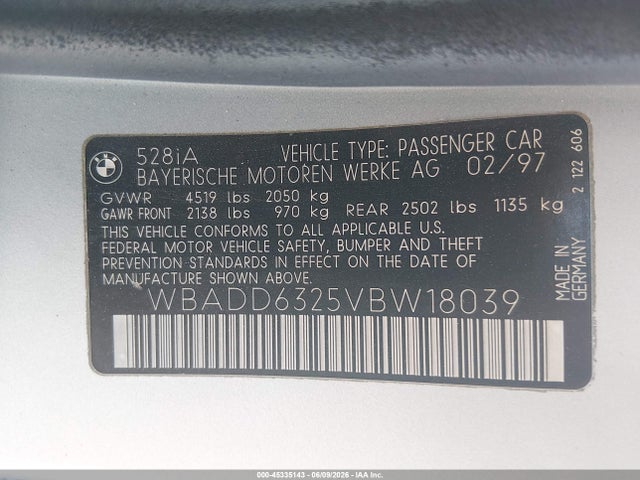 45335143 :رقم المزاد ، WBADD6325VBW18039 vin ، 1997 Bmw 528i مزاد بيع