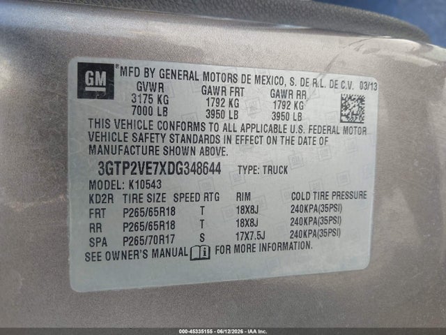 Aukcja sprzedaży 2013 Gmc Sierra 1500 Sle, vin: 3GTP2VE7XDG348644, numer aukcji: 45335155