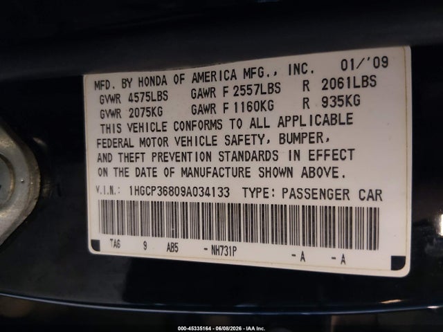 45335164 :رقم المزاد ، 1HGCP36809A034133 vin ، 2009 Honda Accord 3.5 Ex-l مزاد بيع