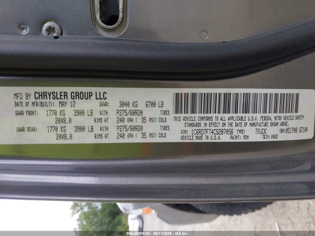 2012 Ram 1500 St მანქანა იყიდება აუქციონზე, vin: 1C6RD7FT4CS287056, აუქციონის ნომერი: 45335182
