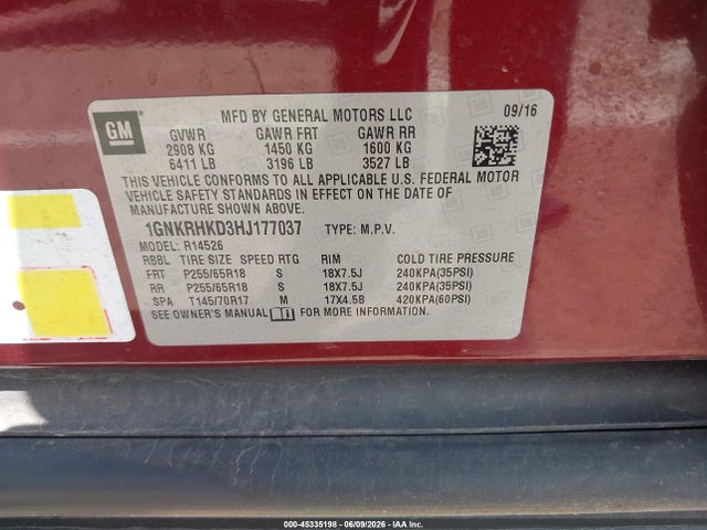 45335198 :رقم المزاد ، 1GNKRHKD3HJ177037 vin ، 2017 Chevrolet Traverse 2lt مزاد بيع