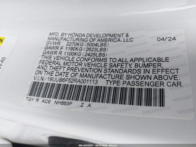 Aukcja sprzedaży 2024 Acura Tlx A-spec Package, vin: 19UUB6F52RA001113, numer aukcji: 45335207