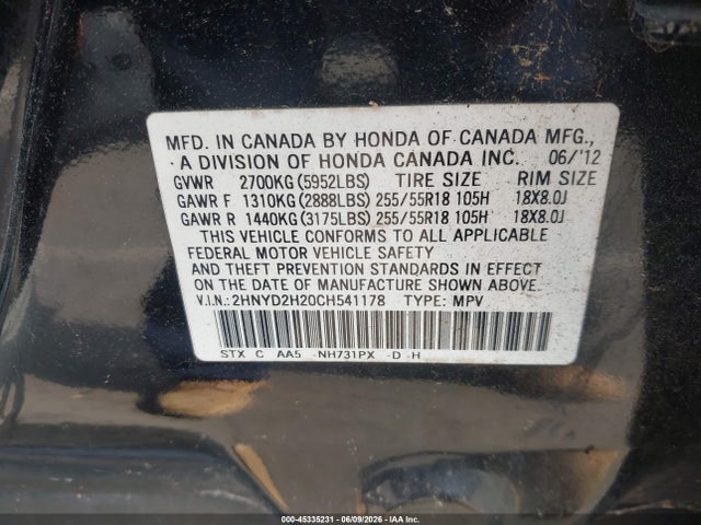 Aukcja sprzedaży 2012 Acura Mdx, vin: 2HNYD2H20CH541178, numer aukcji: 45335231