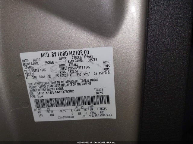 Продажа на аукционе авто 2010 Ford F-150 Fx4/lariat/xl/xlt, vin: 1FTFX1EV4AFD70382, номер лота: 45335233