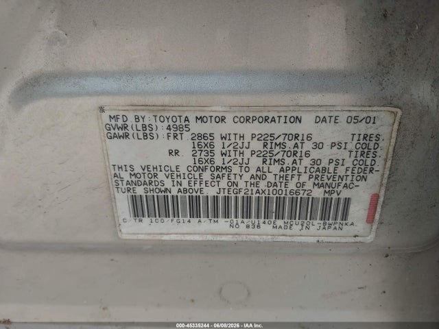 Продаж на аукціоні авто 2001 Toyota Highlander V6, vin: JTEGF21AX10016672, номер лоту: 45335244